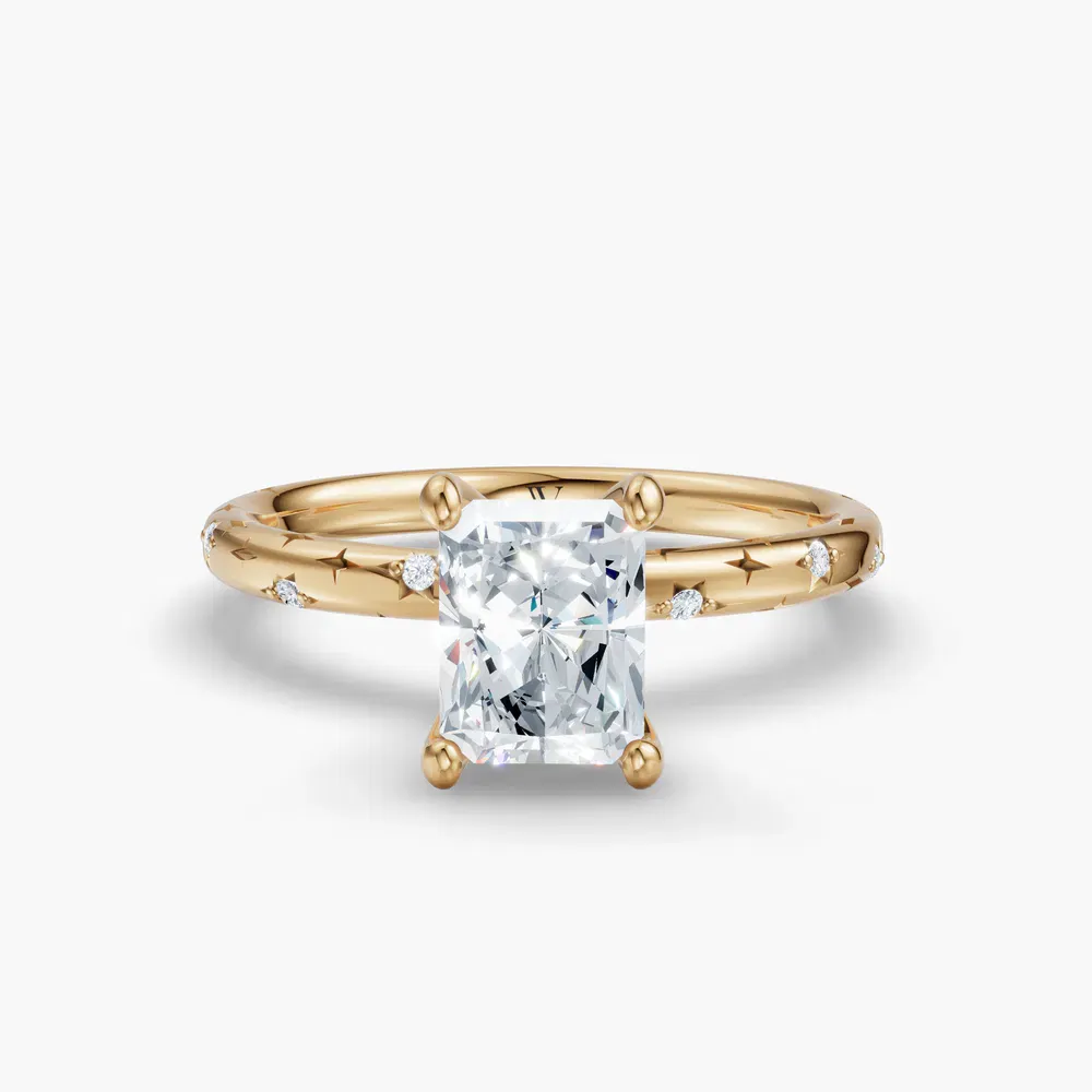 Certified 1 carat Lab Grown Diamond Radiant Cut Hidden Halo, Unique, Side Stone Engagement Ring in 14K Yellow Gold-Celestyn