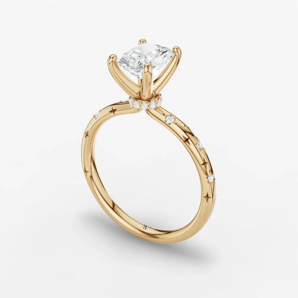 Certified 1 carat Lab Grown Diamond Radiant Cut Hidden Halo, Unique, Side Stone Engagement Ring in 14K Yellow Gold-Celestyn