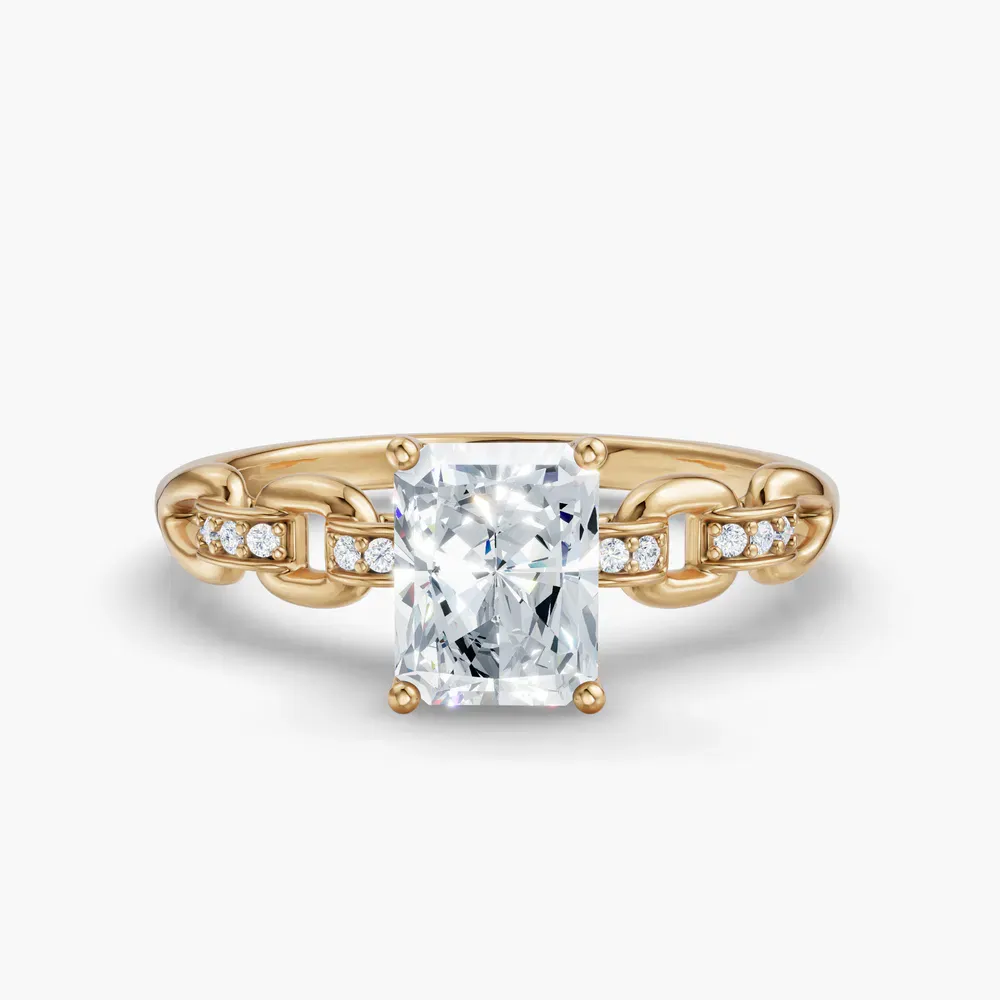 Certified 1 carat Lab Grown Diamond Radiant Cut Twist, Unique, Side Stone Engagement Ring in 14K Yellow Gold-Perenne