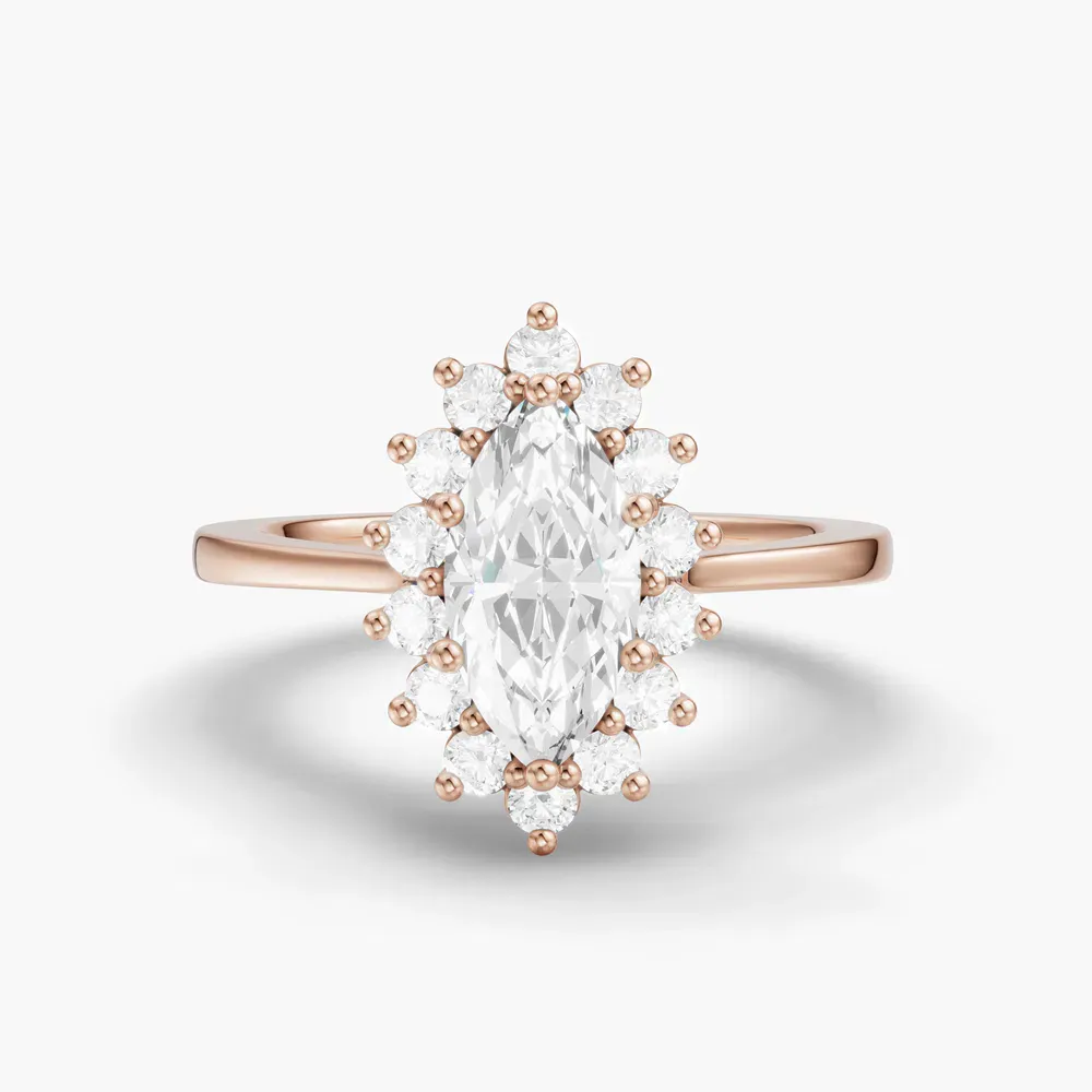 Certified 1 carat Lab Grown Diamond Marquise Cut Cathedral, Halo, Floral Engagement Ring in 14K Rose Gold-Juncb