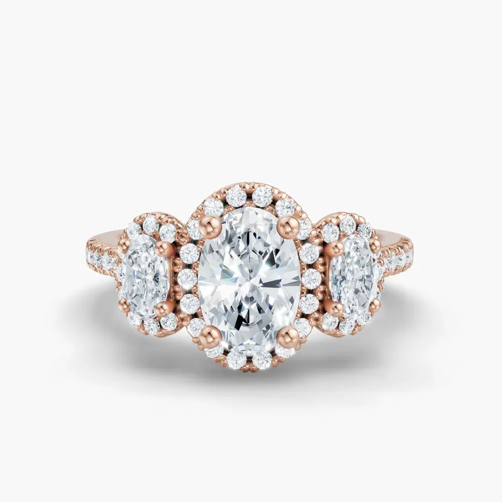 Certified 1 carat Lab Grown Diamond Oval Cut Pavé, Three Stone, Halo Engagement Ring in 18K Rose Gold-Norell