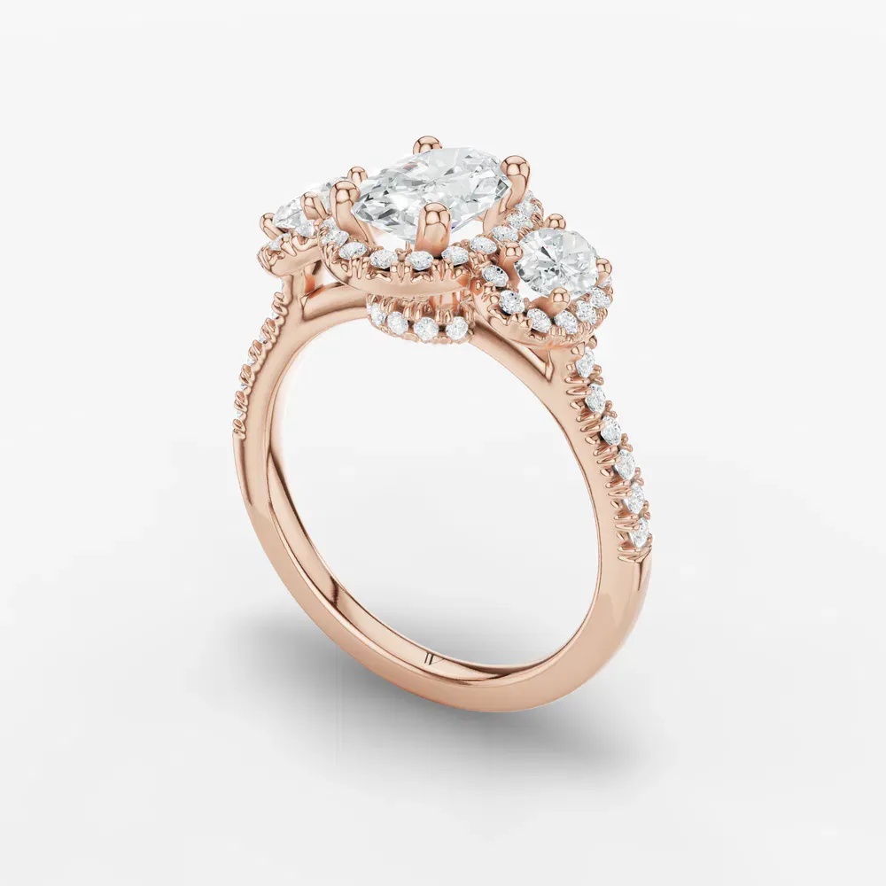 Certified 1 carat Lab Grown Diamond Oval Cut Pavé, Three Stone, Halo Engagement Ring in 18K Rose Gold-Norell