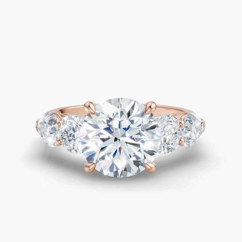 Certified 1 carat Lab Grown Diamond Round Cut Five Stone, Side Stone, Four Prong Engagement Ring in 14K Rose Gold-Riva