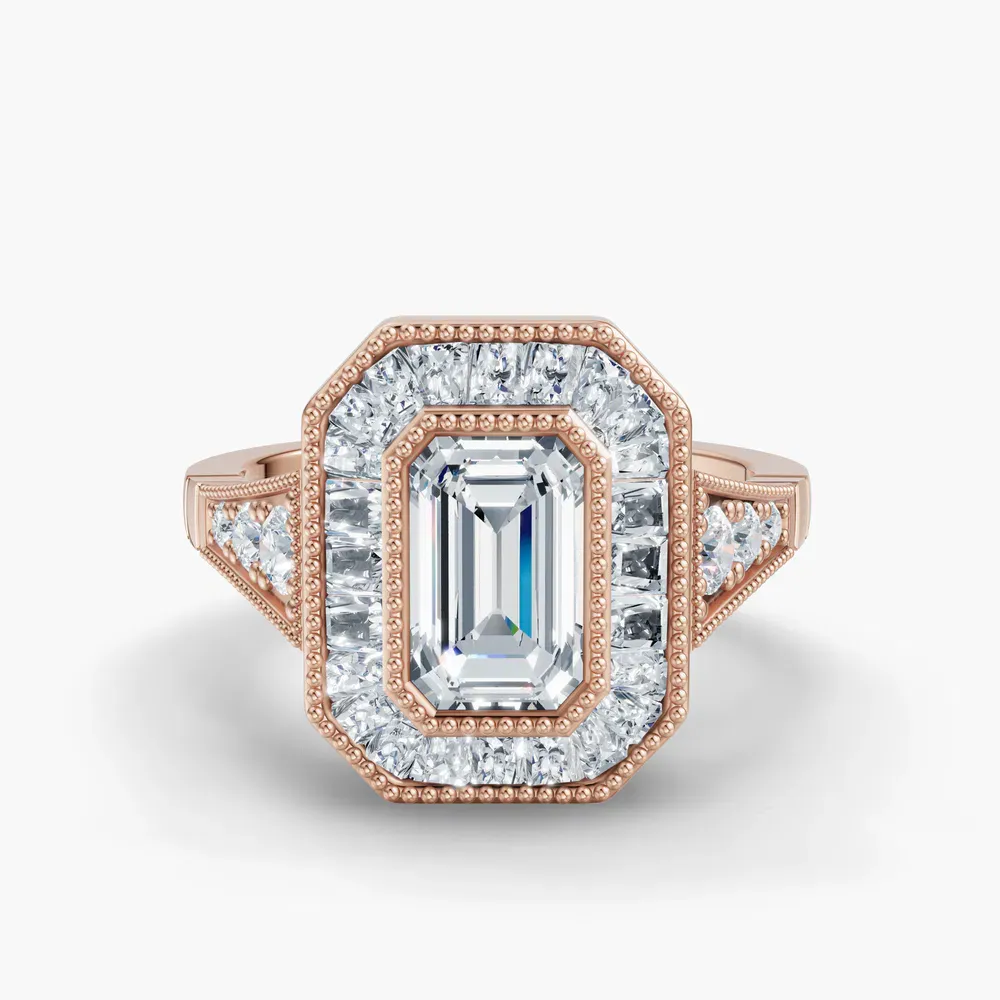 Certified 1 carat Lab Grown Diamond Emerald Cut Art Deco, Baguette, Milgrain Engagement Ring in 18K Rose Gold-Luxen