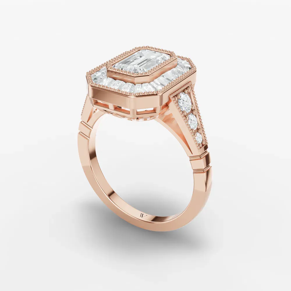Certified 1 carat Lab Grown Diamond Emerald Cut Art Deco, Baguette, Milgrain Engagement Ring in 18K Rose Gold-Luxen