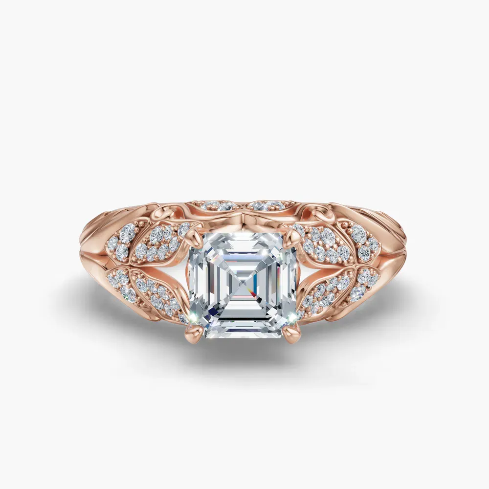 Certified 1 carat Lab Grown Diamond Asscher Cut Nature inspired, Pavé, Unique Engagement Ring in 14K Rose Gold-Lyric