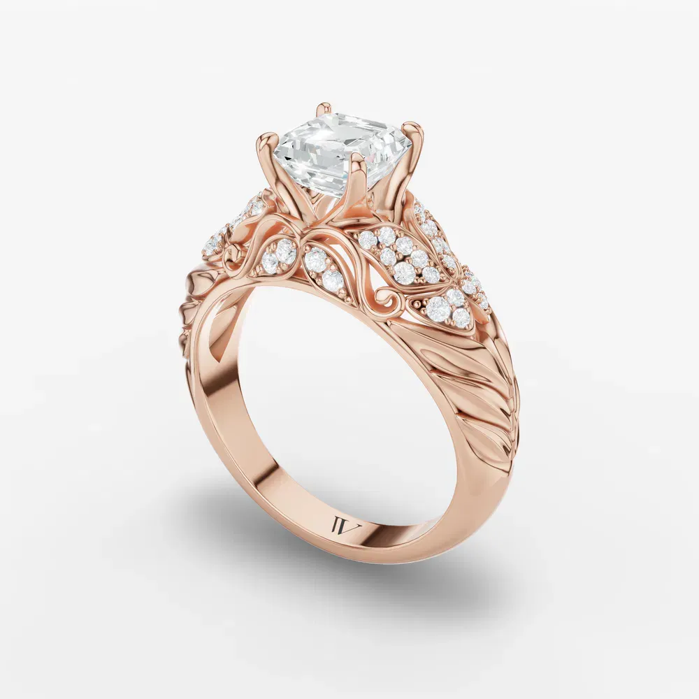 Certified 1 carat Lab Grown Diamond Asscher Cut Nature inspired, Pavé, Unique Engagement Ring in 14K Rose Gold-Lyric