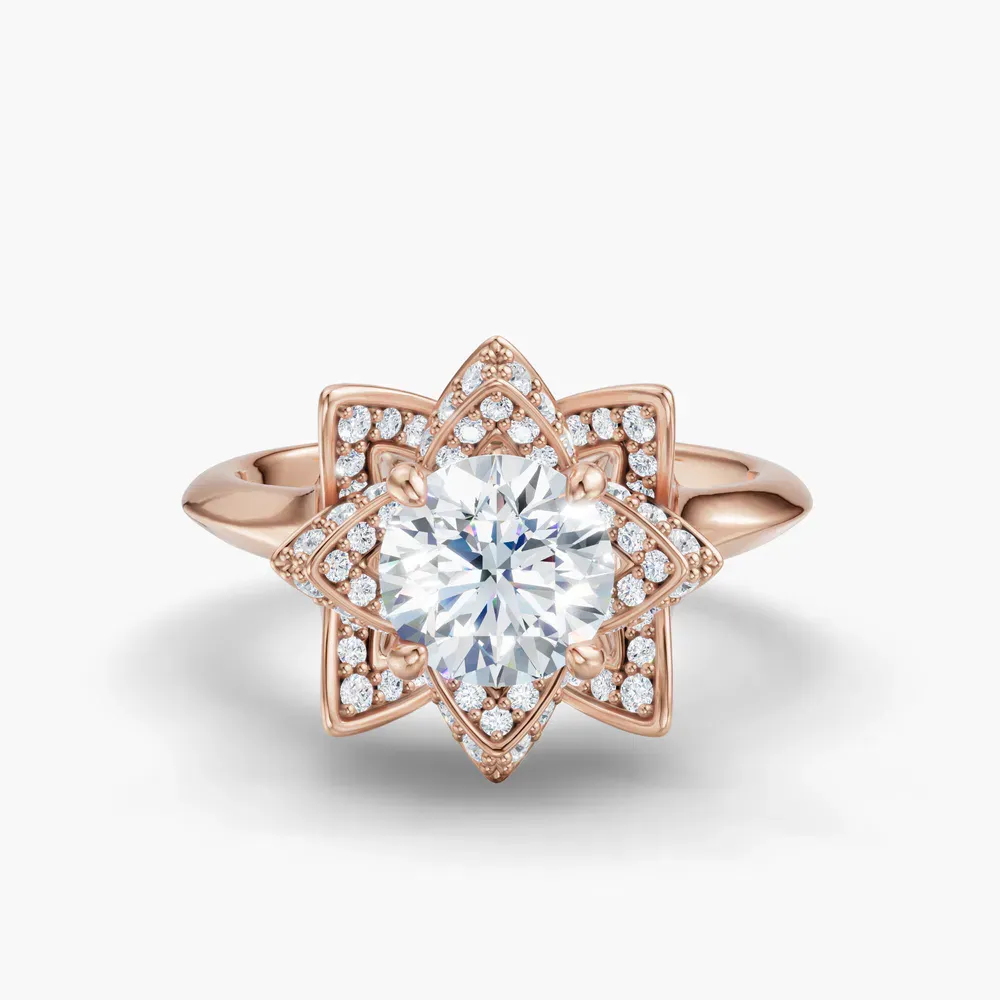 Certified 1 carat Lab Grown Diamond Round Cut Floral, Pavé, Nature inspired Engagement Ring in 18K Rose Gold-Marova