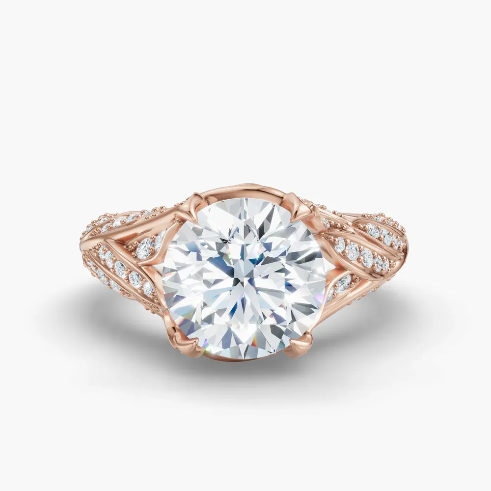 Certified 2 carat Lab Grown Diamond Round Cut Nature inspired, Pavé, Four Prong Engagement Ring in 18K Rose Gold-Rift