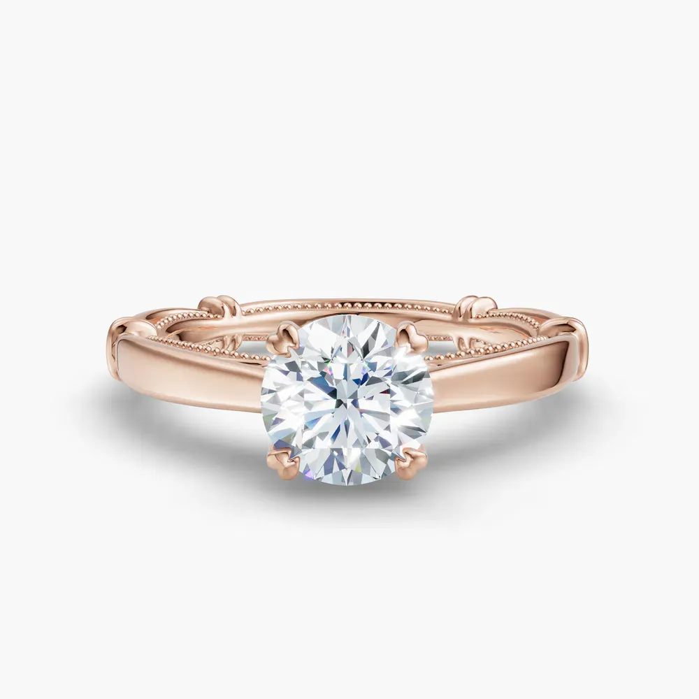 Certified 1 carat Lab Grown Diamond Round Cut Vintage, Milgrain, Nature inspired Engagement Ring in 18K Rose Gold-Qoxi