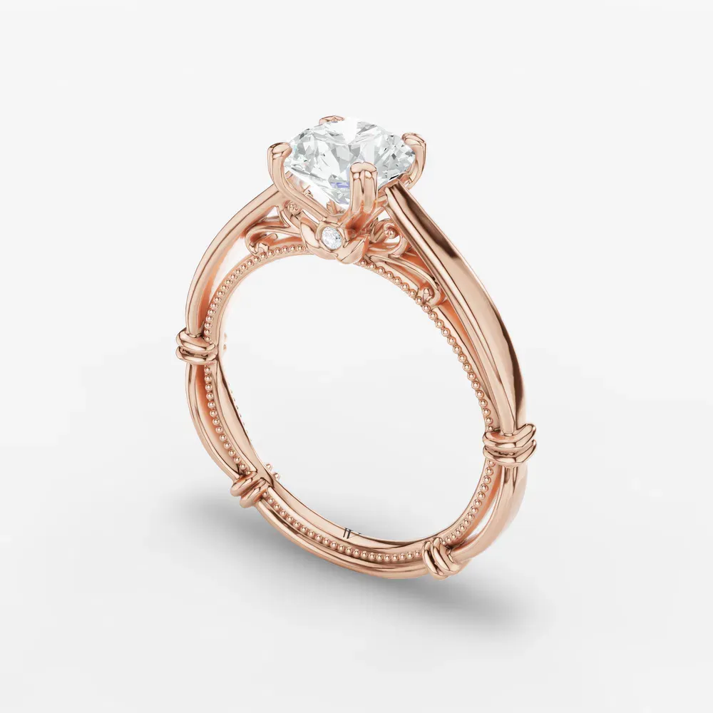 Certified 1 carat Lab Grown Diamond Round Cut Vintage, Milgrain, Nature inspired Engagement Ring in 18K Rose Gold-Qoxi
