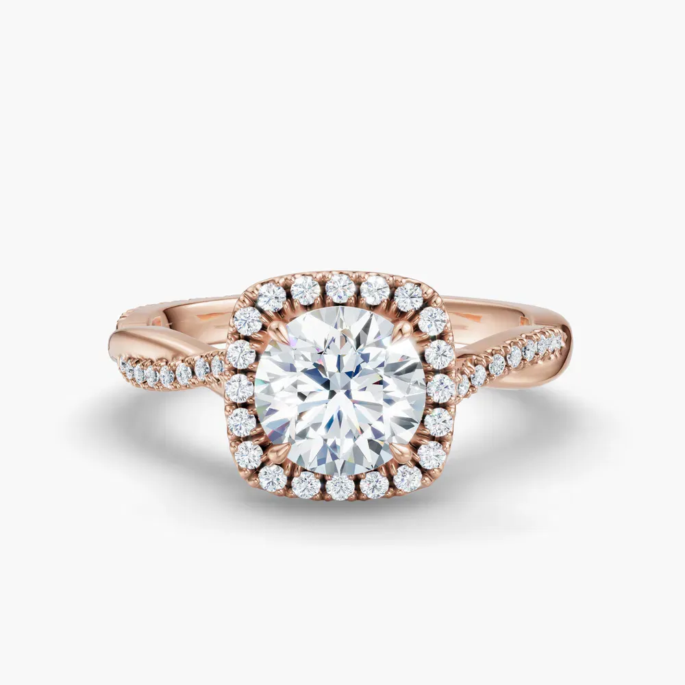 Certified 1 carat Lab Grown Diamond Round Cut Twist, Cathedral, Pavé Engagement Ring in 14K Rose Gold-Itic