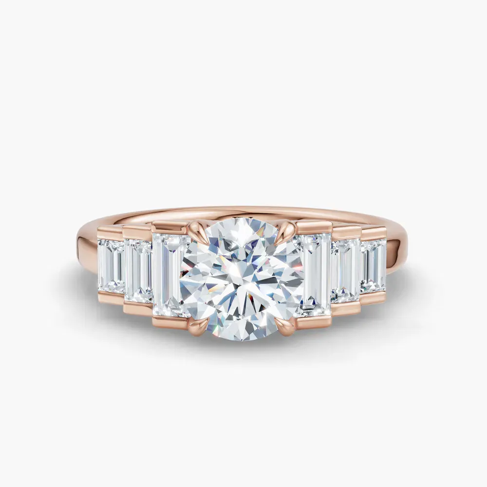 Certified 1 carat Lab Grown Diamond Round Cut Baguette, Art Deco, Four Prong Engagement Ring in 14K Rose Gold-Zepy