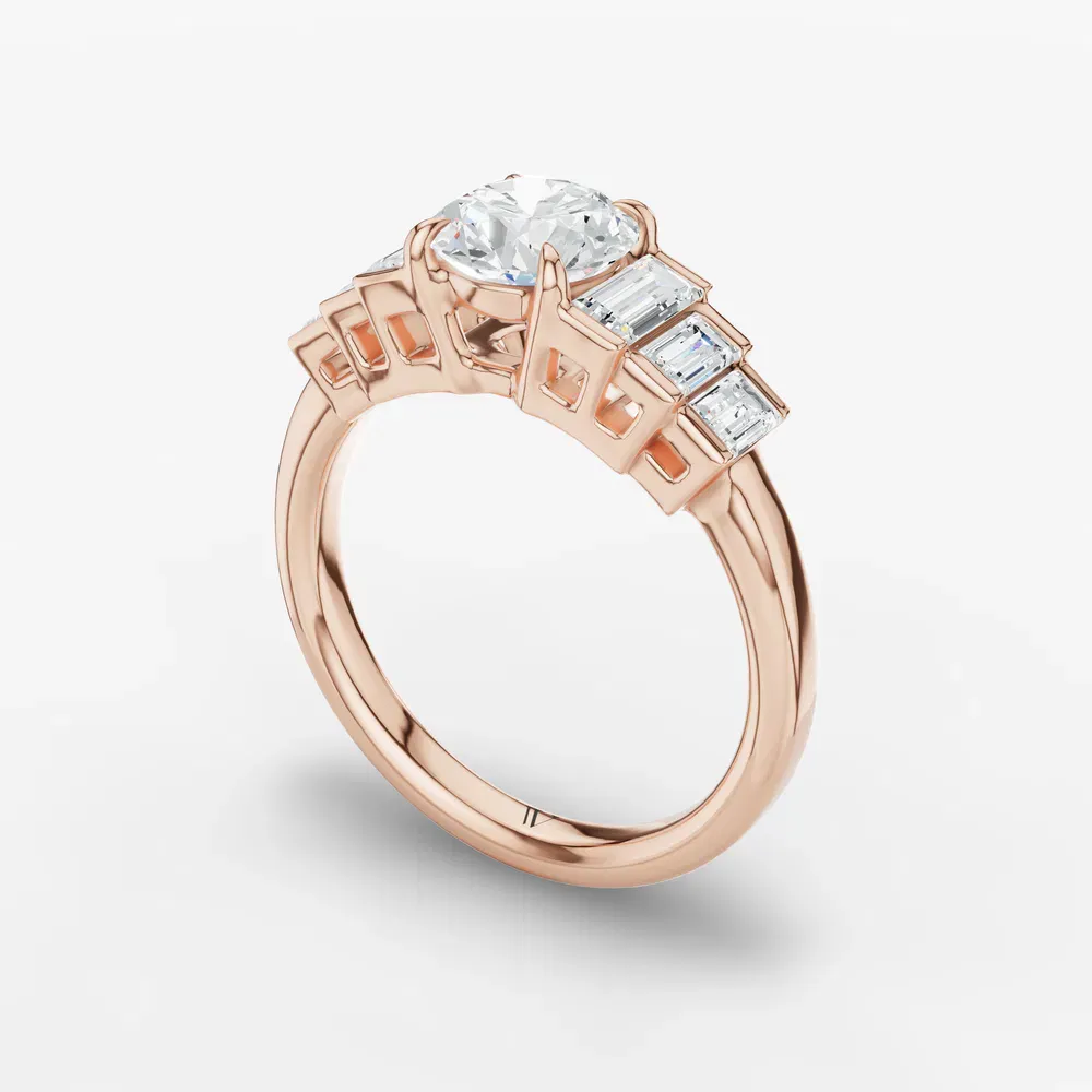 Certified 1 carat Lab Grown Diamond Round Cut Baguette, Art Deco, Four Prong Engagement Ring in 14K Rose Gold-Zepy