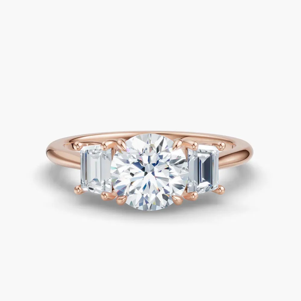 Certified 1 carat Lab Grown Diamond Round Cut Three Stone, Four Prong, Side Stone Engagement Ring in 14K Rose Gold-Cygnus