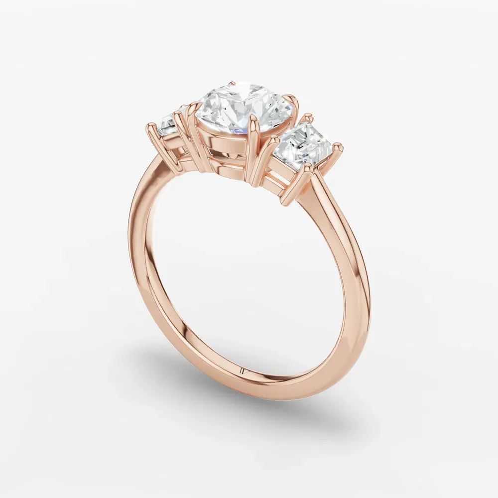 Certified 1 carat Lab Grown Diamond Round Cut Three Stone, Four Prong, Side Stone Engagement Ring in 14K Rose Gold-Cygnus