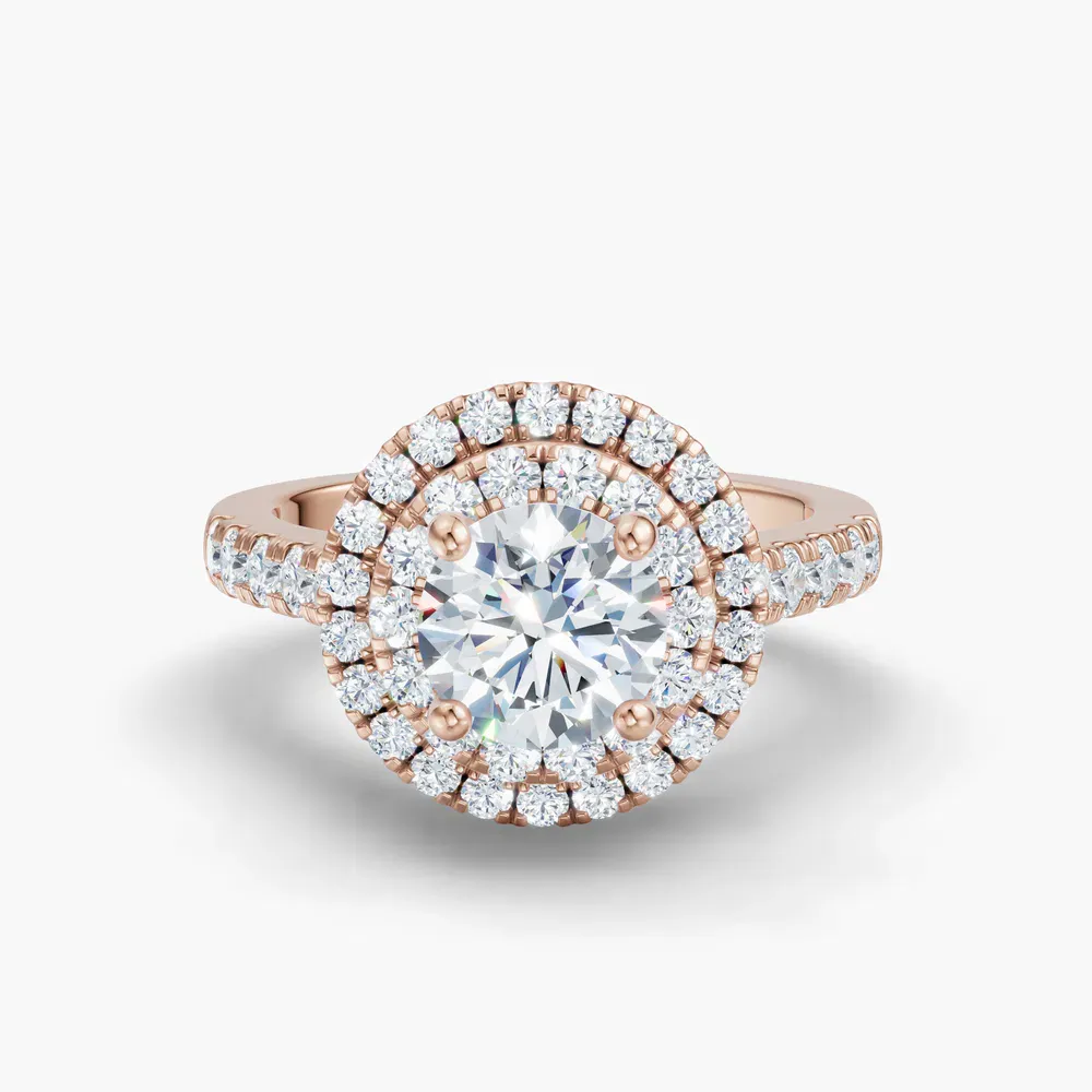 Certified 1 carat Lab Grown Diamond Round Cut Halo, Pavé, Double halo Engagement Ring in 14K Rose Gold-Brexa