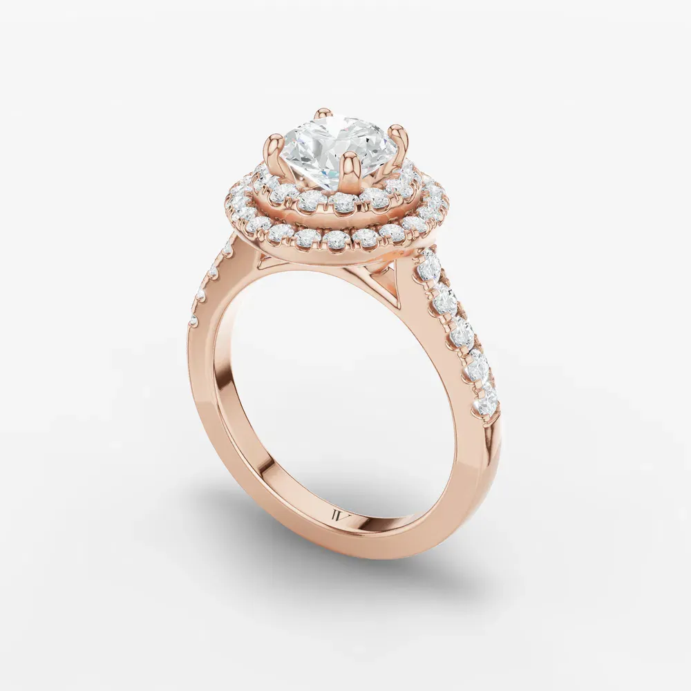 Certified 1 carat Lab Grown Diamond Round Cut Halo, Pavé, Double halo Engagement Ring in 14K Rose Gold-Brexa
