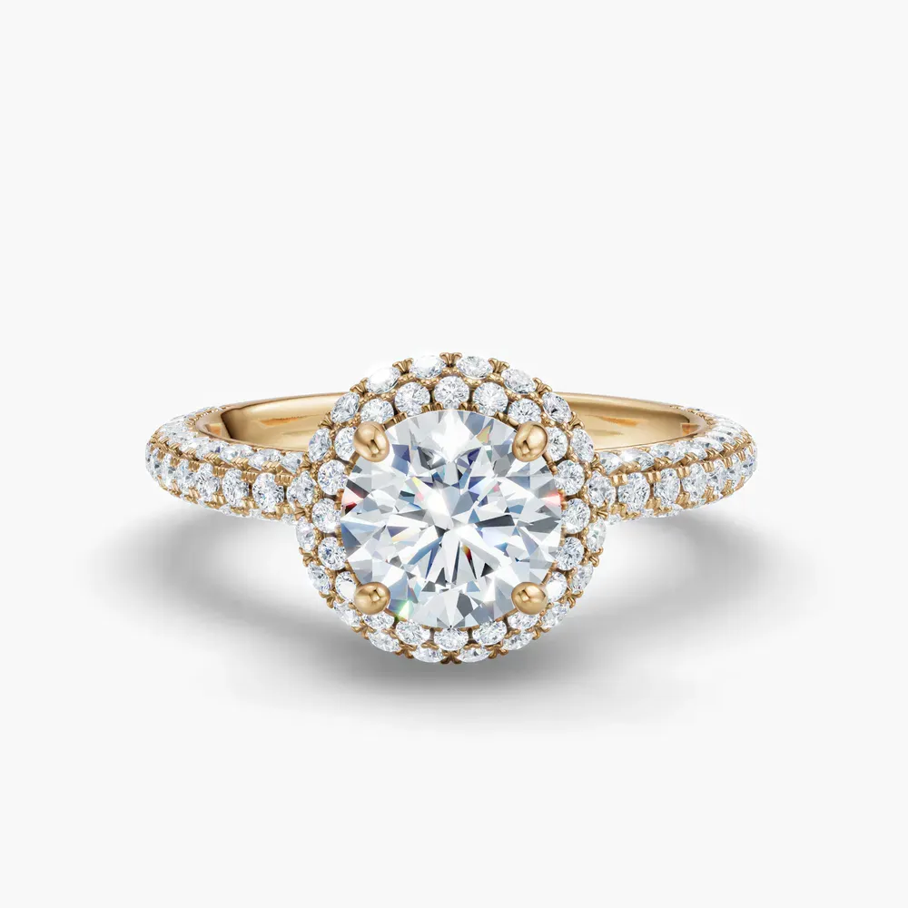 Certified 1 carat Lab Grown Diamond Round Cut Pavé, Halo, Hidden Halo Engagement Ring in 14K Yellow Gold-Brym