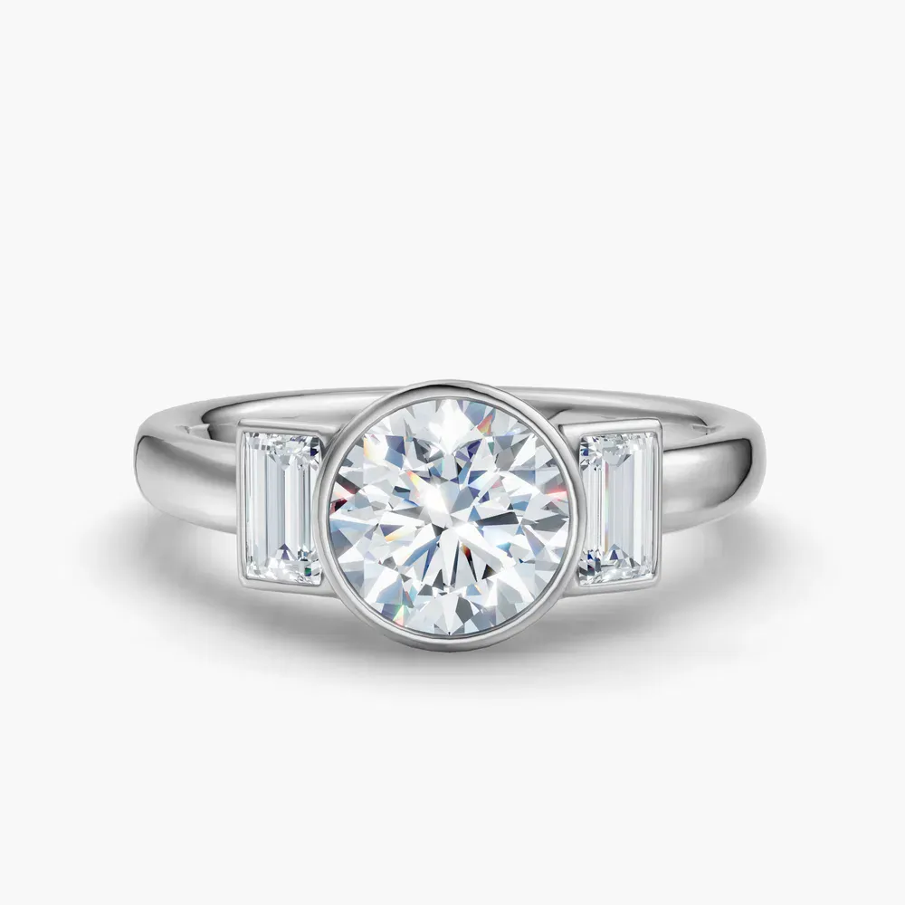 Certified 1 carat Lab Grown Diamond Round Cut Three Stone, Bezel, Baguette Engagement Ring in 14K White Gold-Kine