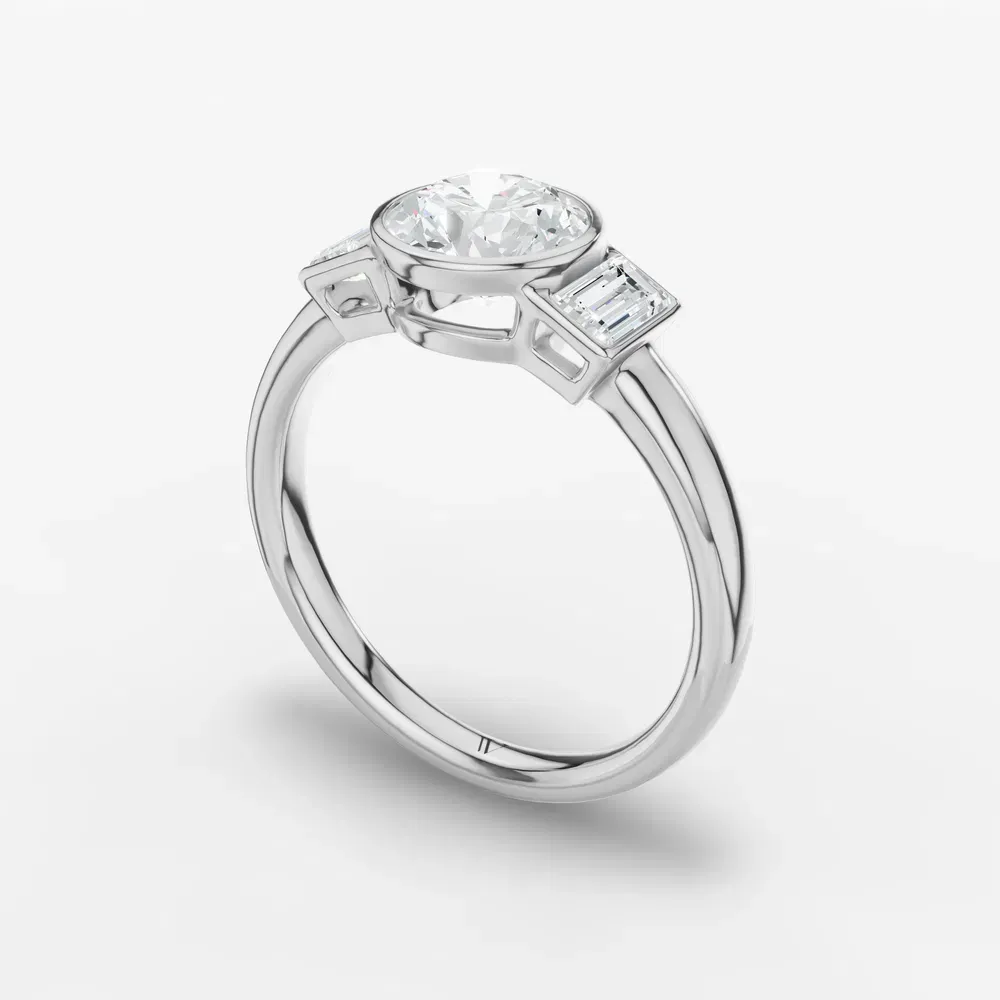 Certified 1 carat Lab Grown Diamond Round Cut Three Stone, Bezel, Baguette Engagement Ring in 14K White Gold-Kine