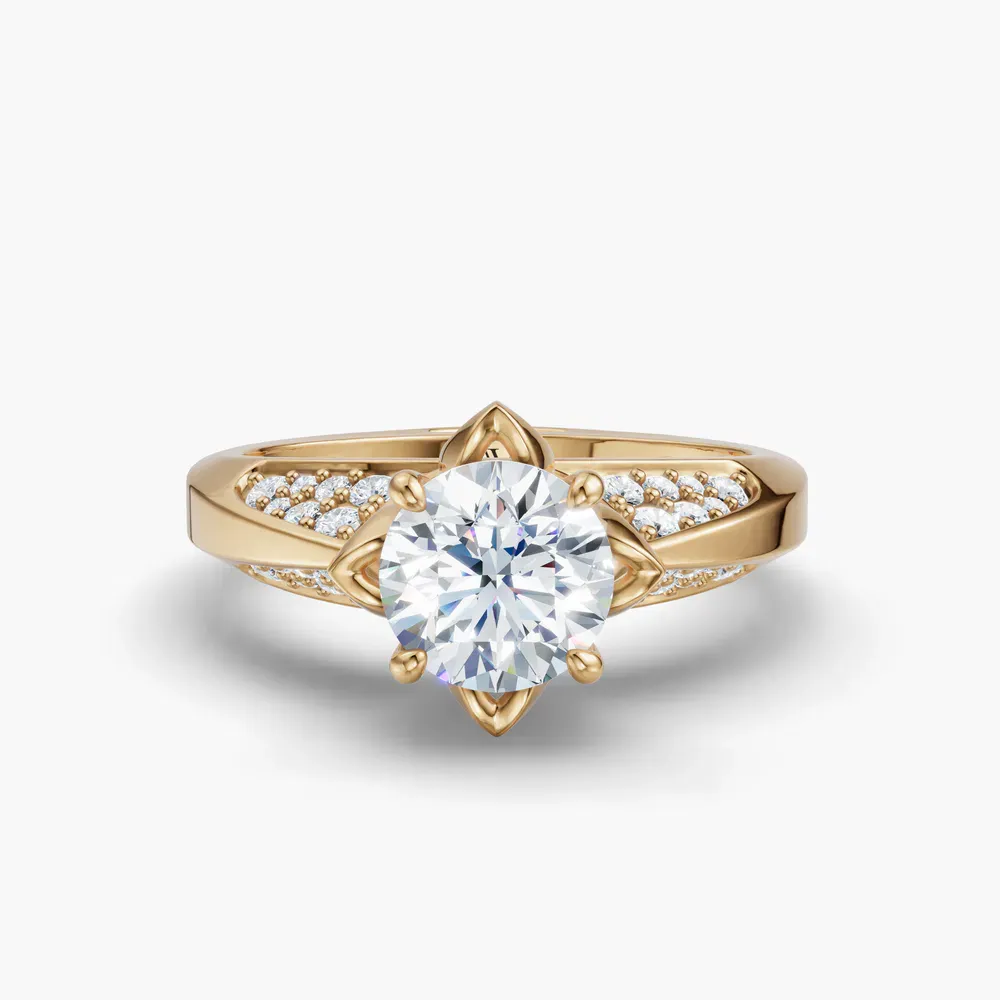 Certified 1 carat Lab Grown Diamond Round Cut Nature inspired, Floral, Vintage Engagement Ring in 14K Yellow Gold-Tulip