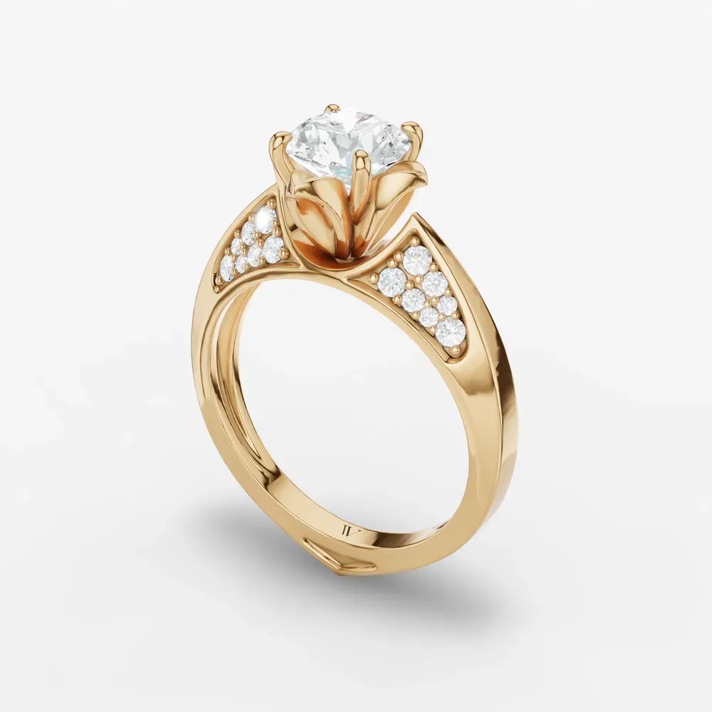 Certified 1 carat Lab Grown Diamond Round Cut Nature inspired, Floral, Vintage Engagement Ring in 14K Yellow Gold-Tulip