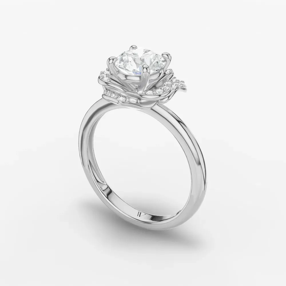 Certified 1 carat Lab Grown Diamond Round Cut Floral, Halo, Four Prong Engagement Ring in 14K White Gold-Brook