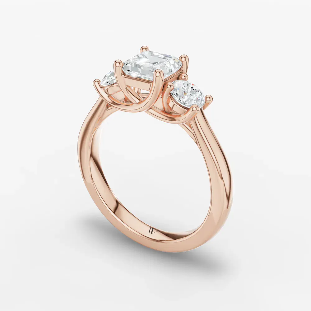 Certified 1 carat Lab Grown Diamond Asscher Cut Three Stone, Side Stone, Low profile Engagement Ring in 14K Rose Gold-Valeri