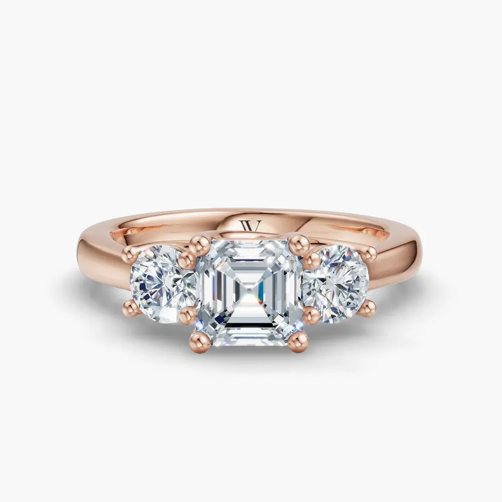 Certified 1 carat Lab Grown Diamond Asscher Cut Three Stone, Side Stone, Low profile Engagement Ring in 14K Rose Gold-Valeri