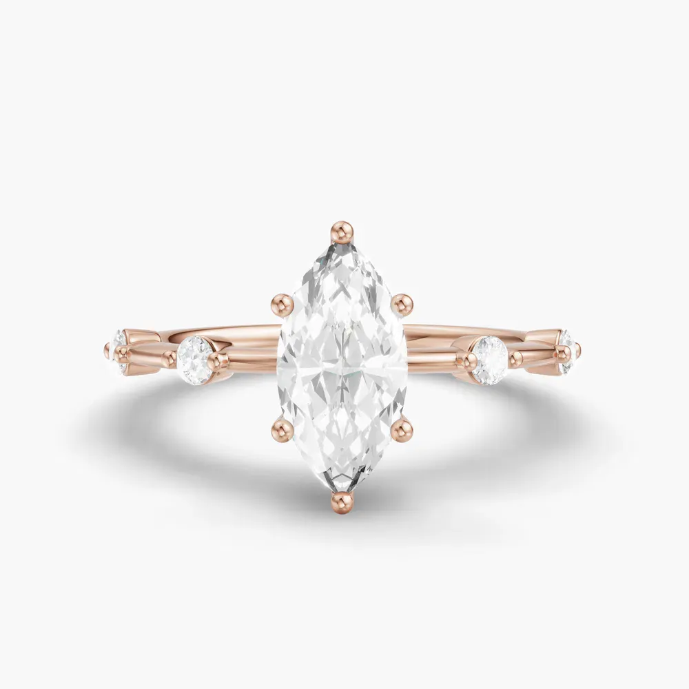 Certified 1 carat Lab Grown Diamond Marquise Cut Low profile, Side Stone Engagement Ring in 14K Rose Gold-Hriw
