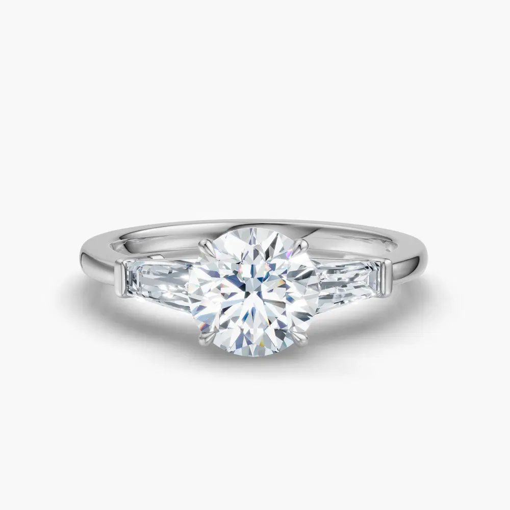 Certified 1 carat Lab Grown Diamond Round Cut Three Stone, Baguette, Cathedral Engagement Ring in 14K White Gold-Glyss