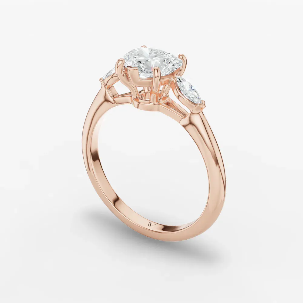 Certified 1 carat Lab Grown Diamond Heart Cut Three Stone, Side Stone Engagement Ring in 14K Rose Gold-Glow