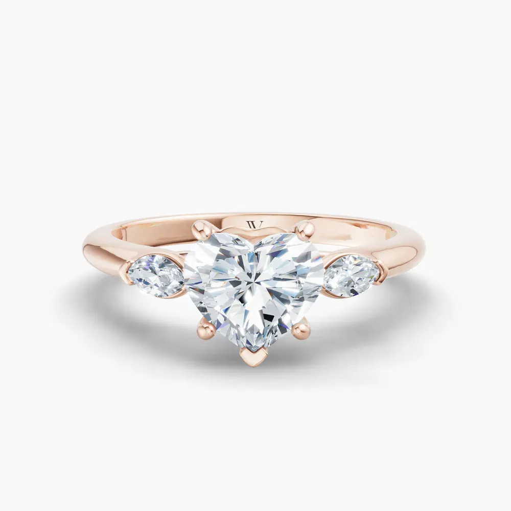 Certified 1 carat Lab Grown Diamond Heart Cut Three Stone, Side Stone Engagement Ring in 14K Rose Gold-Glow