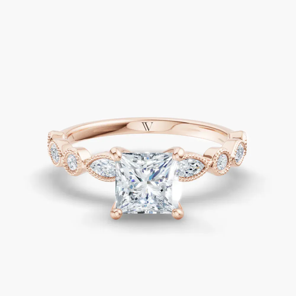 Certified 1 carat Lab Grown Diamond Princess Cut Vintage, Milgrain, Side Stone Engagement Ring in 14K Rose Gold-Sior