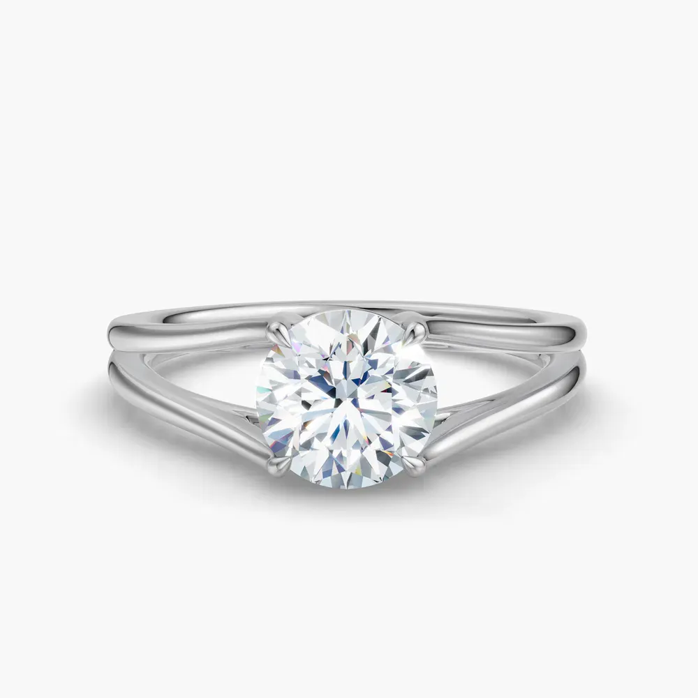 Certified 1 carat Lab Grown Diamond Round Cut Split Shank, Solitaire, Low profile Engagement Ring in 14K White Gold-Wraith