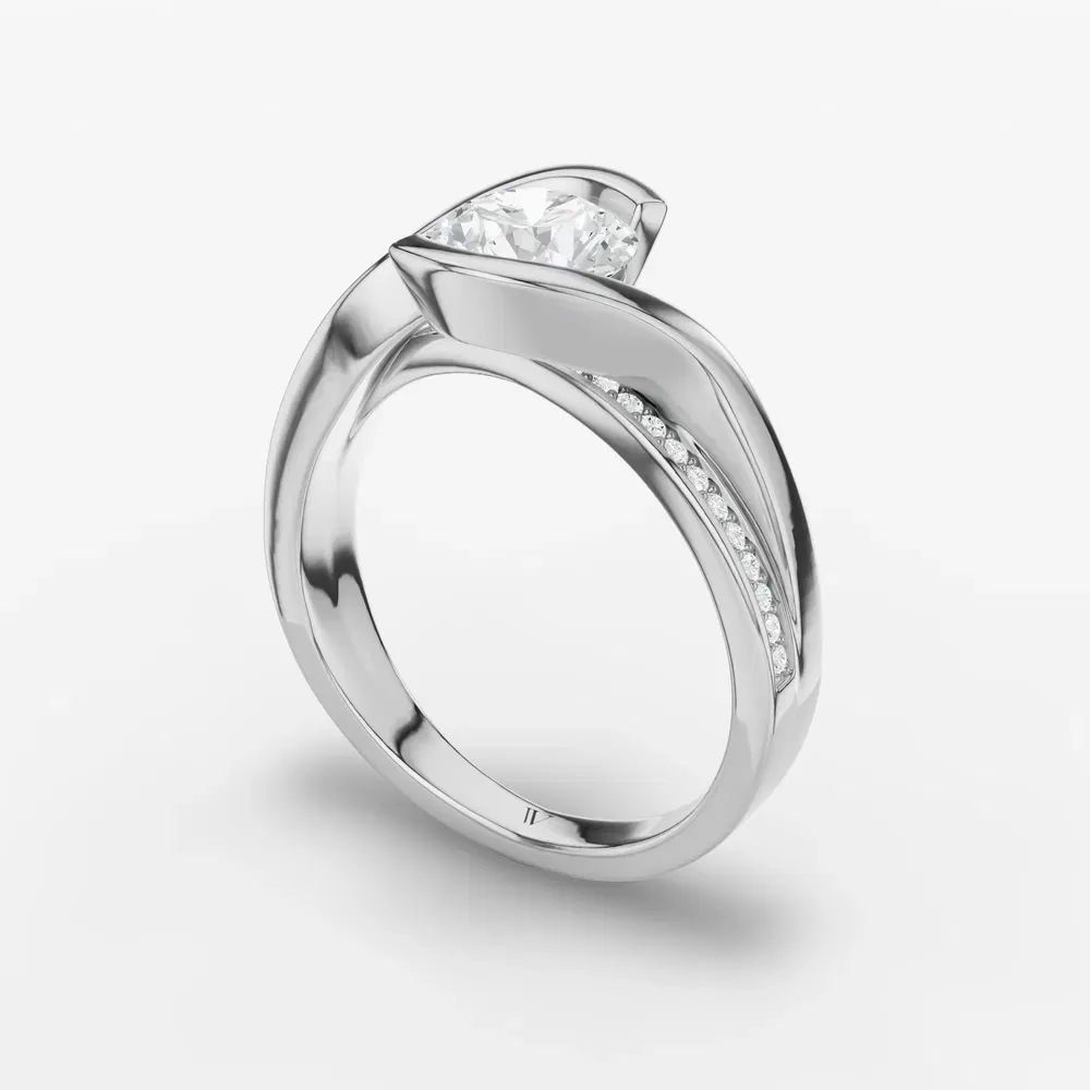Certified 1 carat Lab Grown Diamond Round Cut Bezel, Modern, Split Shank Engagement Ring in 14K White Gold-Elara