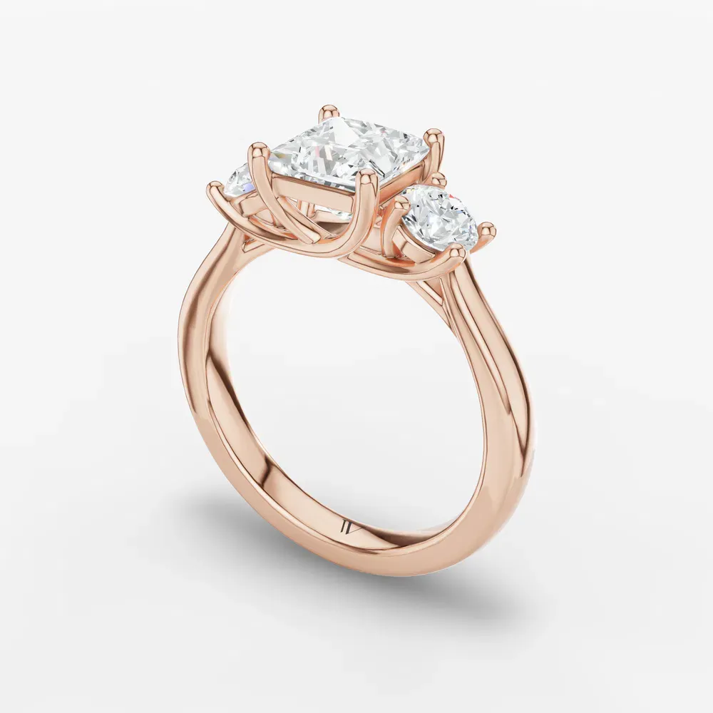 Certified 1 carat Lab Grown Diamond Princess Cut Three Stone, Side Stone, Low profile Engagement Ring in 14K Rose Gold-Valeri