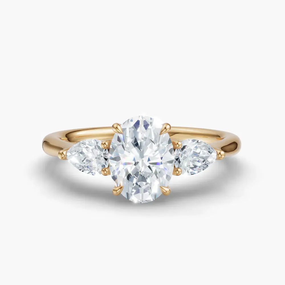 Certified 1 carat Lab Grown Diamond Oval Cut Three Stone, Side Stone, Low profile Engagement Ring in 14K Yellow Gold-Hailu