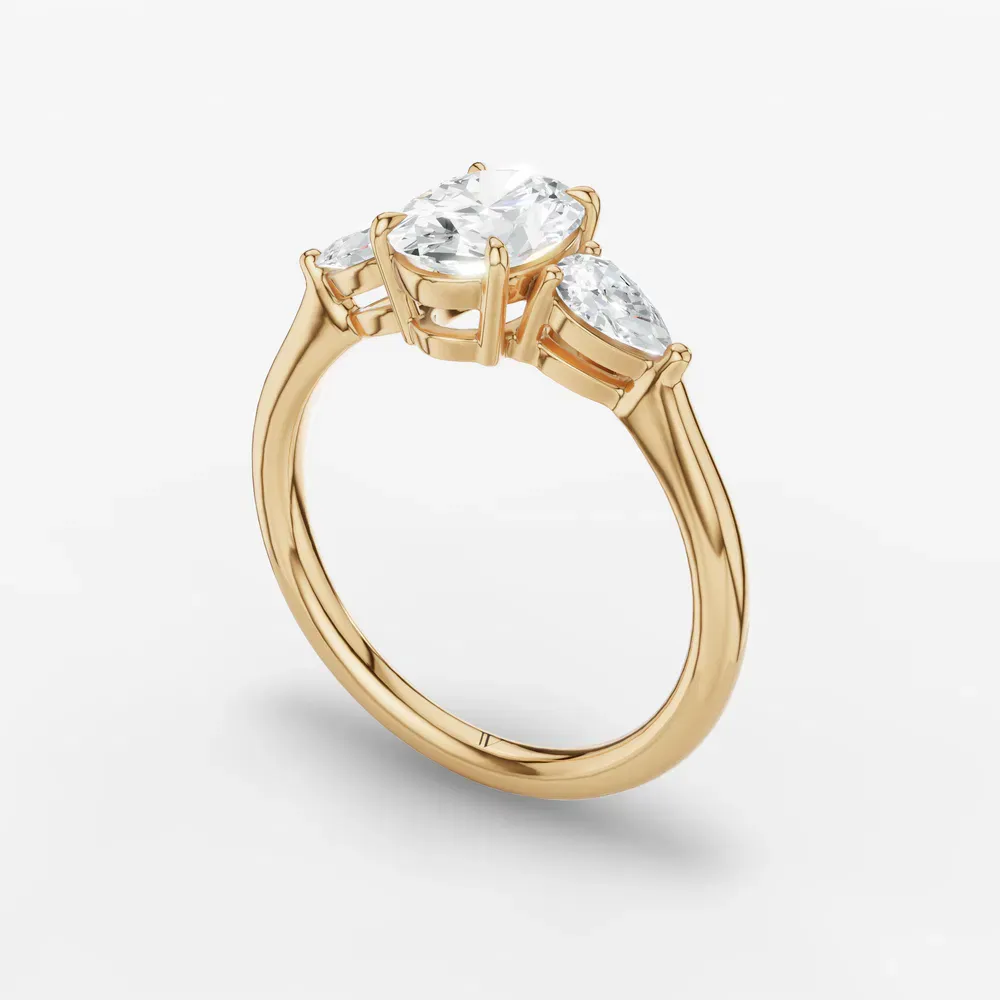 Certified 1 carat Lab Grown Diamond Oval Cut Three Stone, Side Stone, Low profile Engagement Ring in 14K Yellow Gold-Hailu