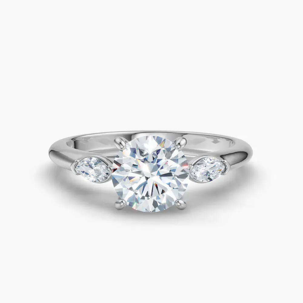 Certified 1 carat Lab Grown Diamond Round Cut Three Stone, Four Prong, Side Stone Engagement Ring in 14K White Gold-Glow