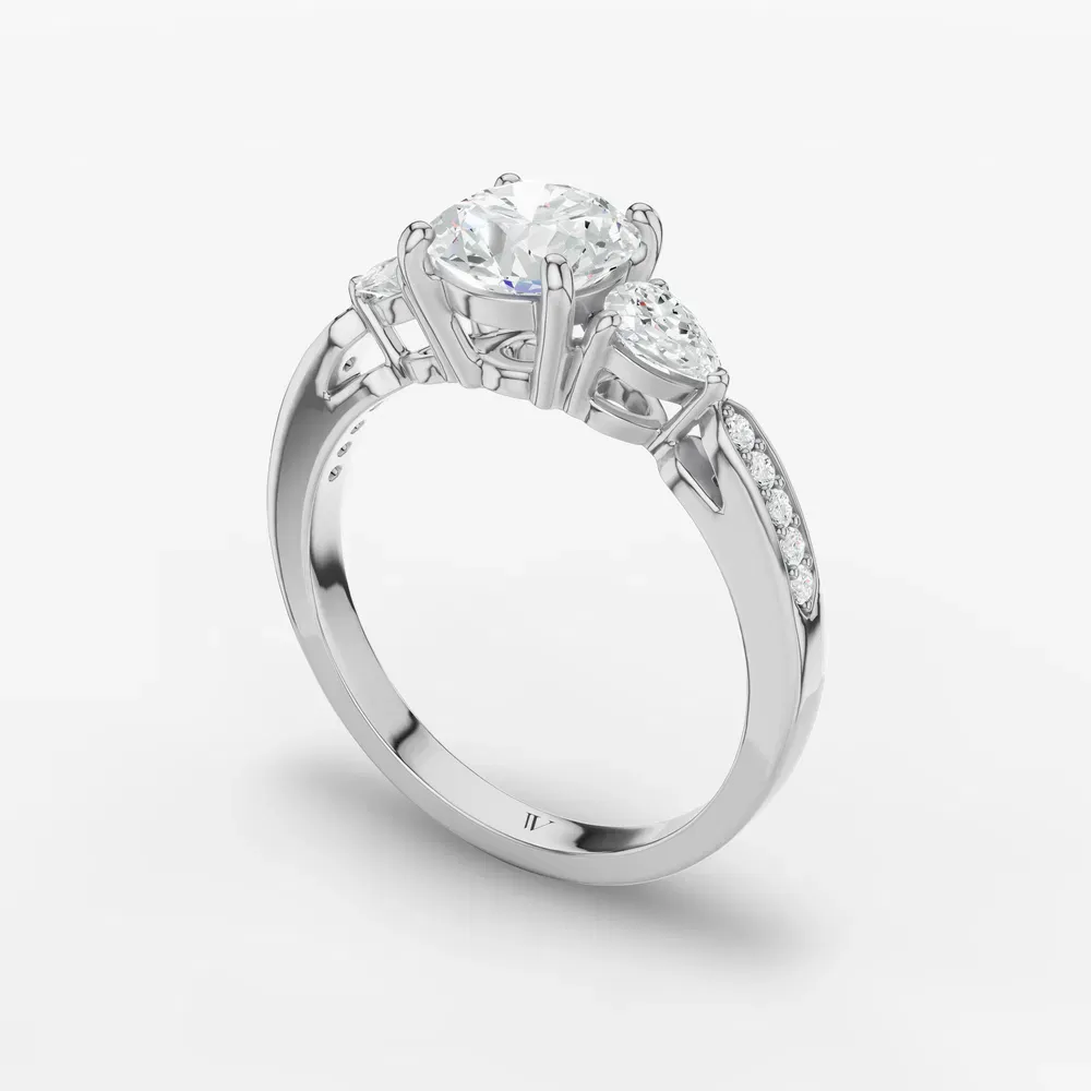 Certified 1 carat Lab Grown Diamond Round Cut Three Stone, Pavé, Four Prong Engagement Ring in 14K White Gold-Zevd
