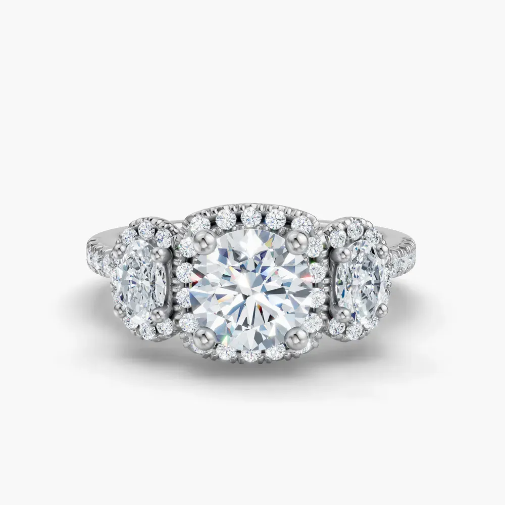 Certified 1 carat Lab Grown Diamond Round Cut Pavé, Three Stone, Halo Engagement Ring in 14K White Gold-Norell