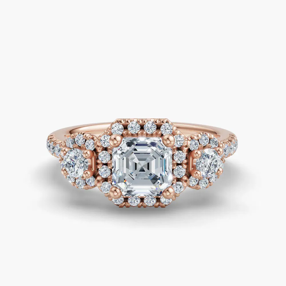 Certified 1 carat Lab Grown Diamond Asscher Cut Three Stone, Halo, Hidden Halo Engagement Ring in 14K Rose Gold-Hylor