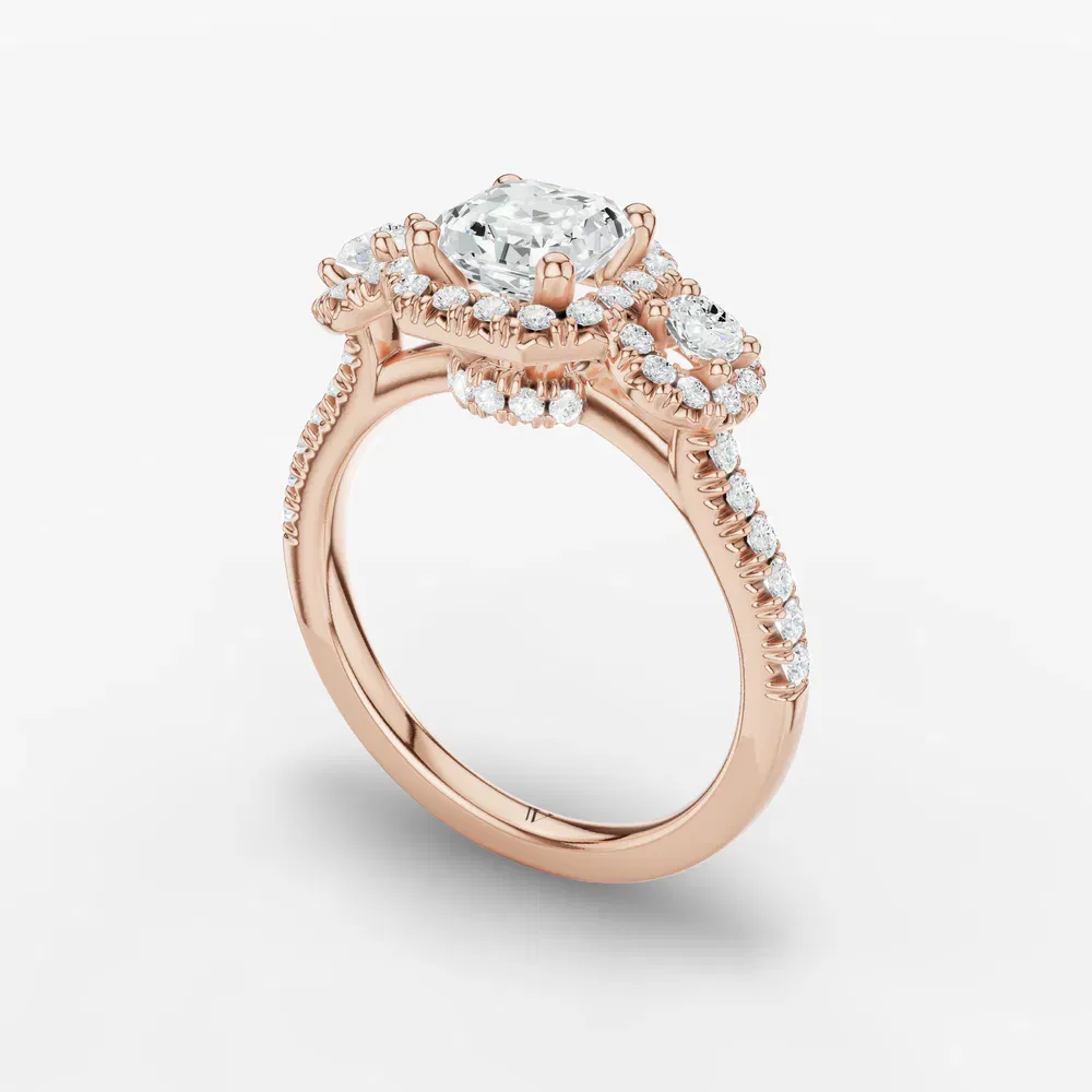 Certified 1 carat Lab Grown Diamond Asscher Cut Three Stone, Halo, Hidden Halo Engagement Ring in 14K Rose Gold-Hylor