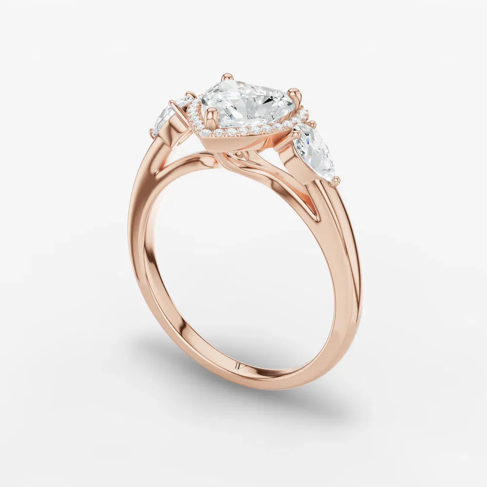 Certified 1 carat Lab Grown Diamond Heart Cut Halo, Cathedral, Three Stone Engagement Ring in 14K Rose Gold-Daren