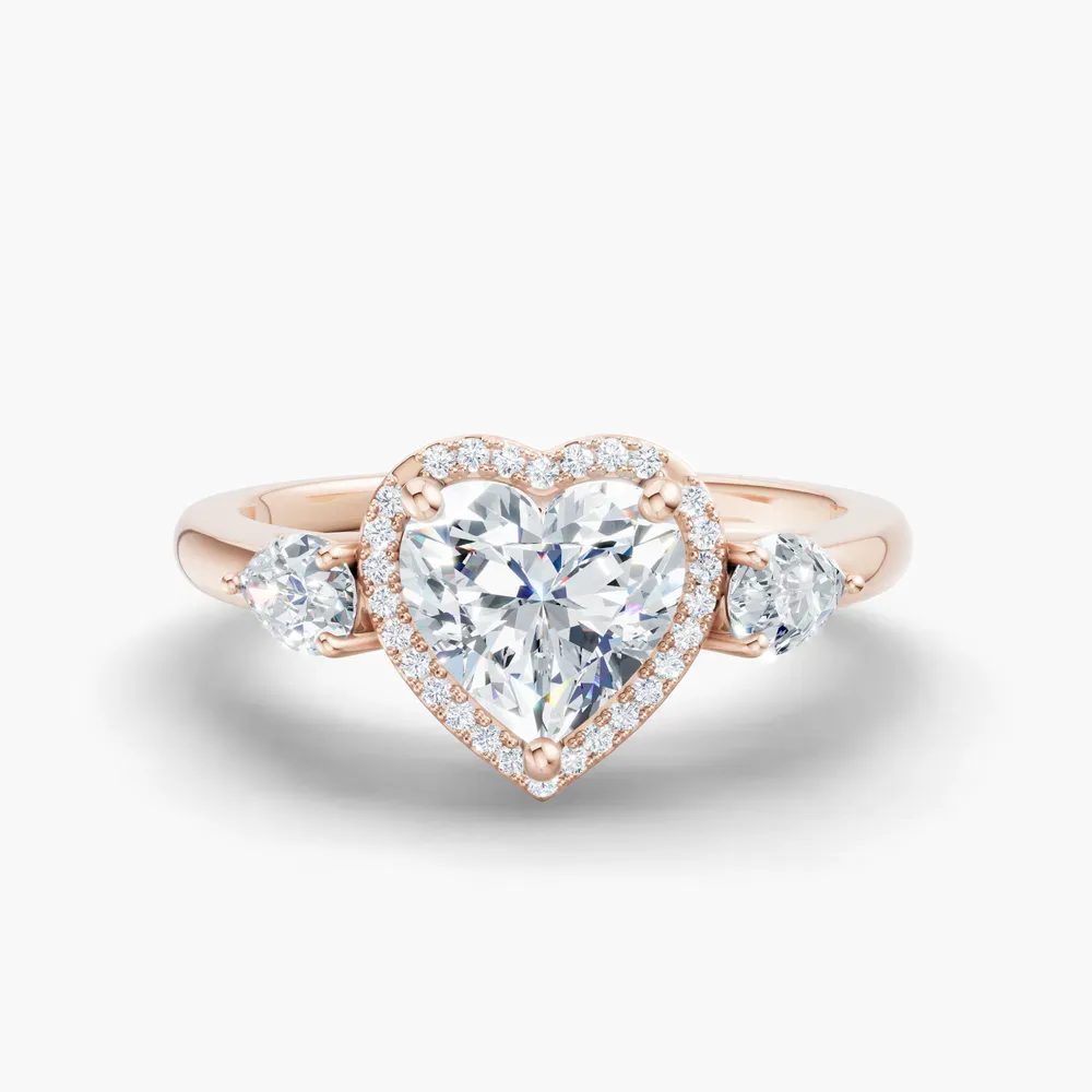 Certified 1 carat Lab Grown Diamond Heart Cut Halo, Cathedral, Three Stone Engagement Ring in 14K Rose Gold-Daren