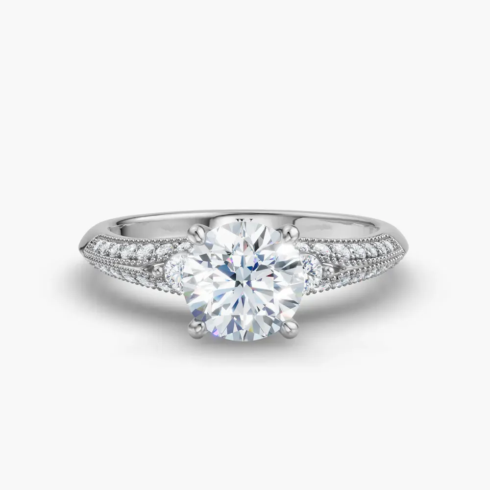 Certified 1 carat Lab Grown Diamond Round Cut Milgrain, Three Stone, Pavé Engagement Ring in 14K White Gold-Avery