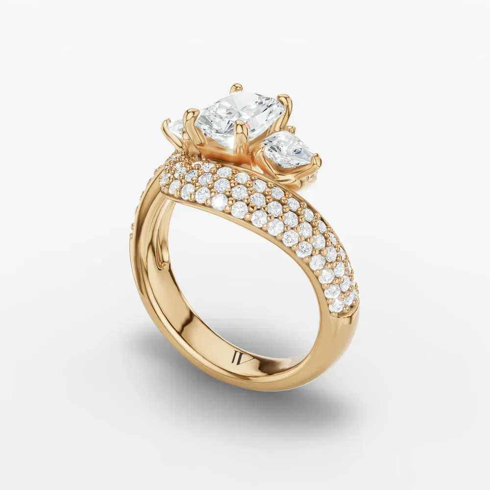 Certified 1 carat Lab Grown Diamond Radiant Cut Three Stone, Pavé, Side Stone Engagement Ring in 14K Yellow Gold-Serene