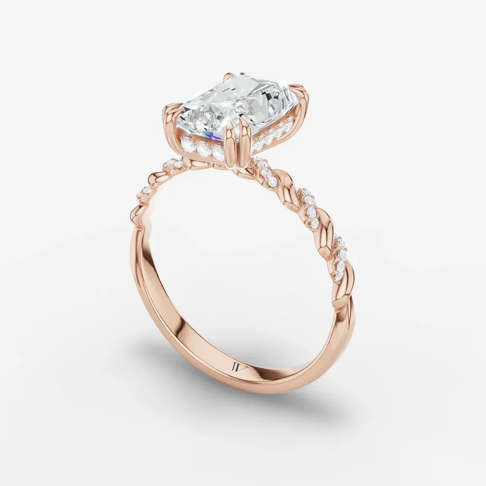 Certified 1 carat Lab Grown Diamond Radiant Cut Pavé, Hidden Halo, Twist Engagement Ring in 14K Rose Gold-Lior